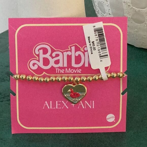 ALEX + ANI NEW SHINY GOLD BARBIE THE MOVIE HEART STRETCH BRACELET FLAMINGO BEACH - Picture 3 of 5